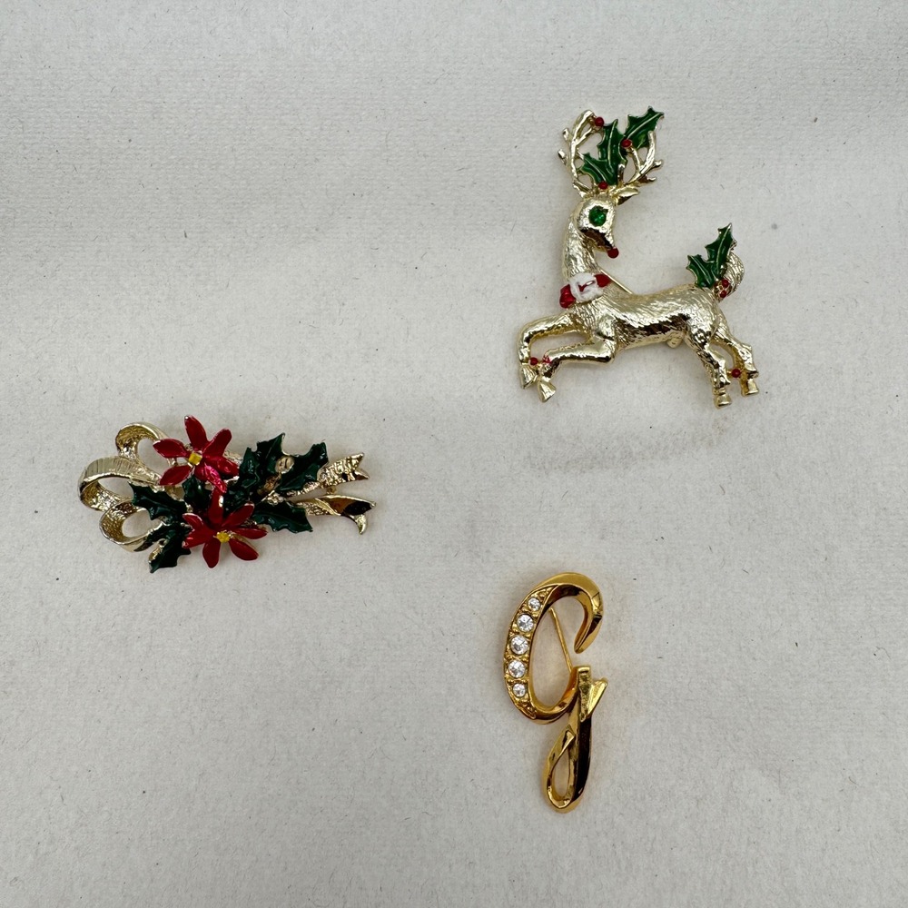 Vintage Christmas Costume Jewelry Brooch Lot Leaping Reindeer Holy Initial G